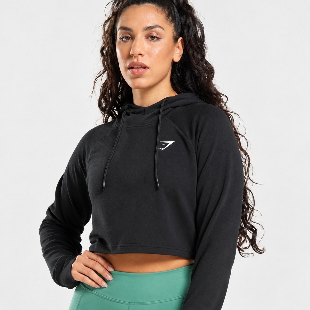 Gymshark Training Cropped Hoodie Black Raglan Pullover GLPO4650-BK Small